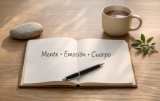 Cuaderno abierto con el texto “Mente · Emoción · Cuerpo” para ilustrar un enfoque de ansiedad desde mente, emoción y cuerpo.