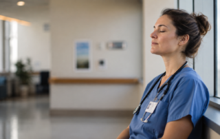 Profesional sanitaria practicando mindfulness para reducir el estrés laboral y el burnout